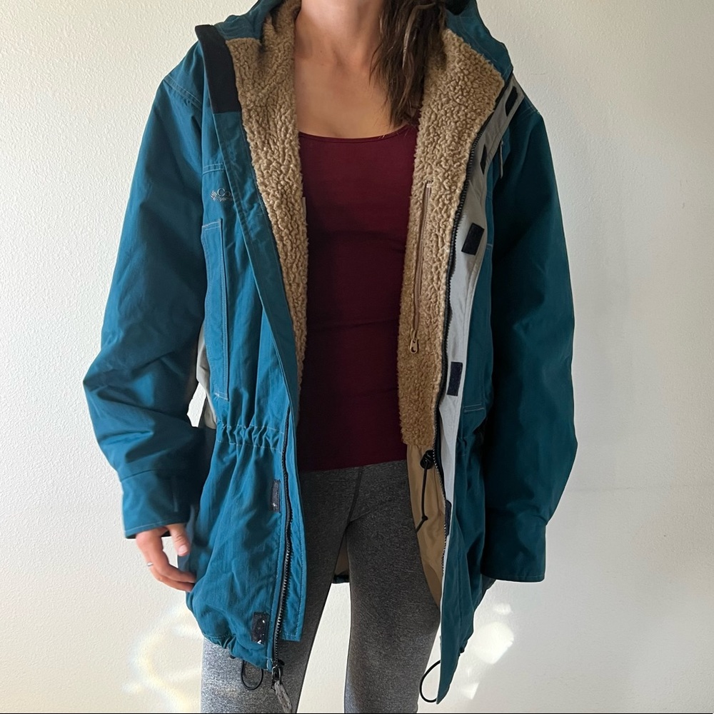 Retro Sherpa Lined Teal and Grey Mens Columbia Parka Jacket